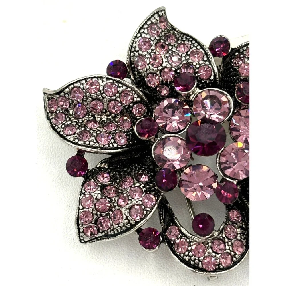 Express Crystal Floral Rhinestone Brooch PurplePink Silvertone Statement Pin NWT